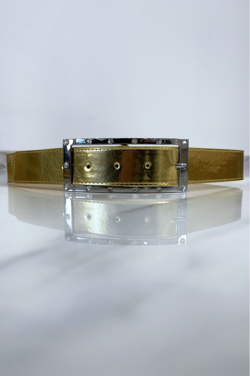 Golden belt with rhinestone and silver rectangle buckle - 2