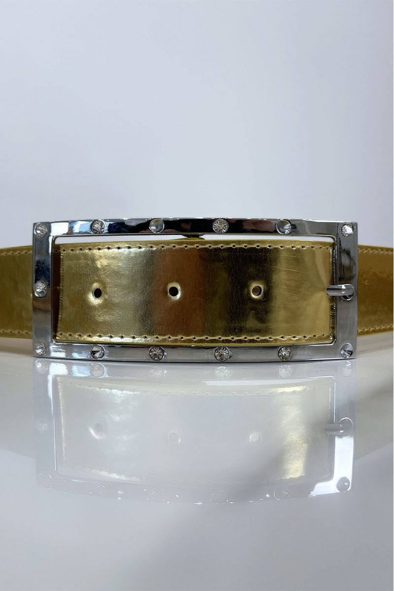 Golden belt with rhinestone and silver rectangle buckle - 3