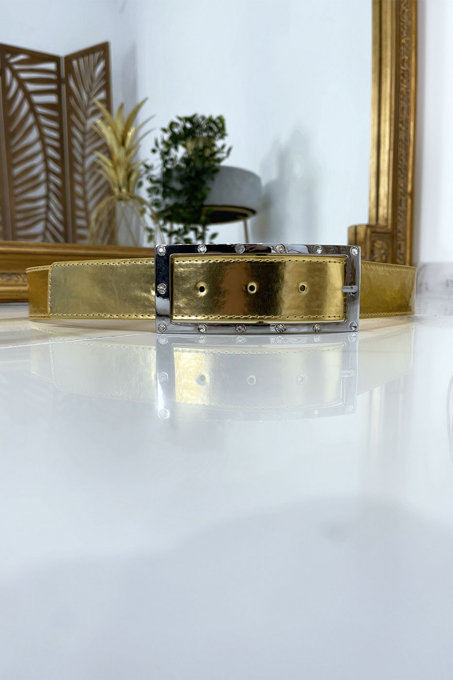 Gouden riem met strass en zilveren rechthoekige gesp - 4