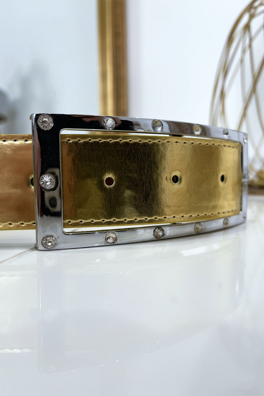 Gouden riem met strass en zilveren rechthoekige gesp - 5