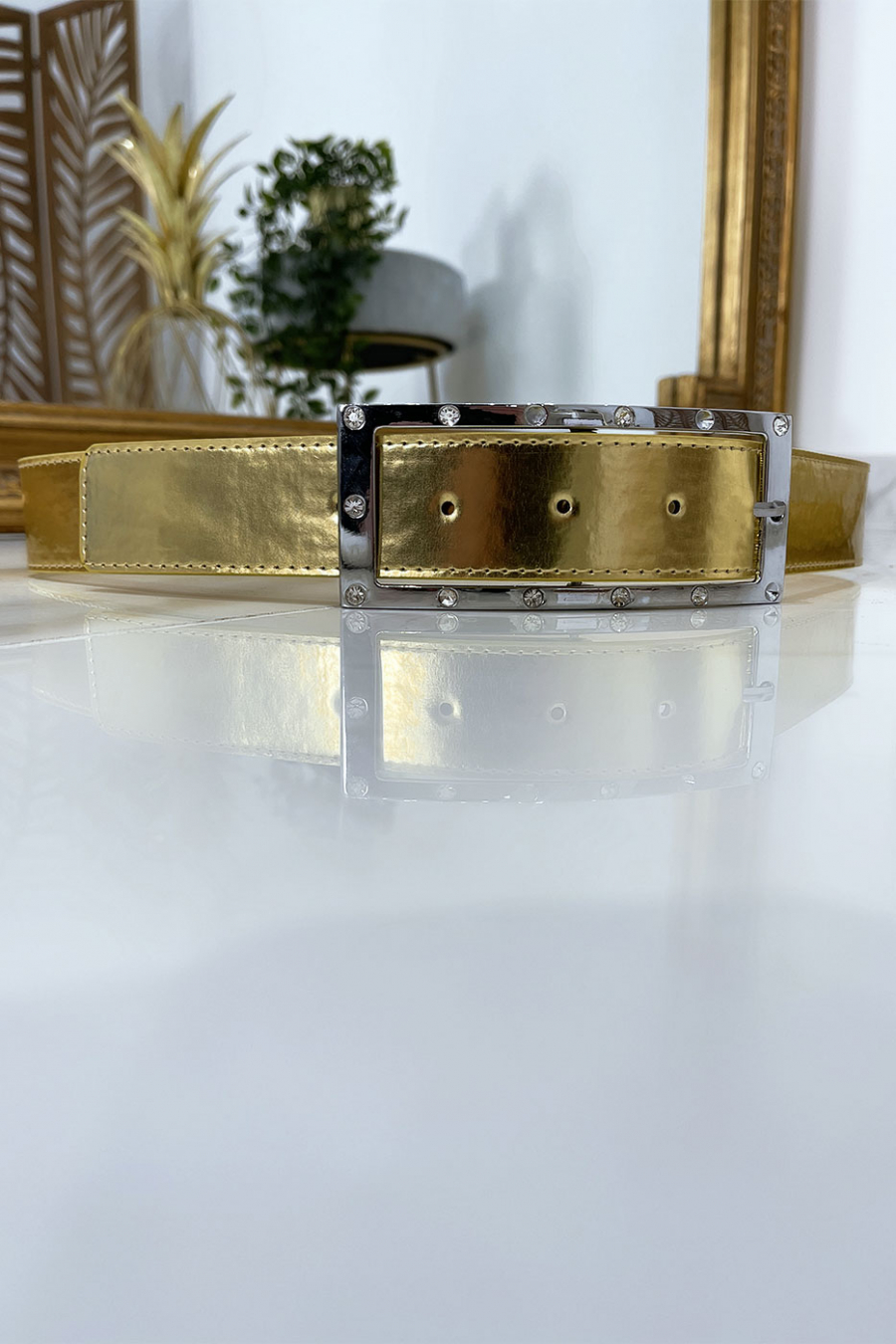 Gouden riem met strass en zilveren rechthoekige gesp - 6