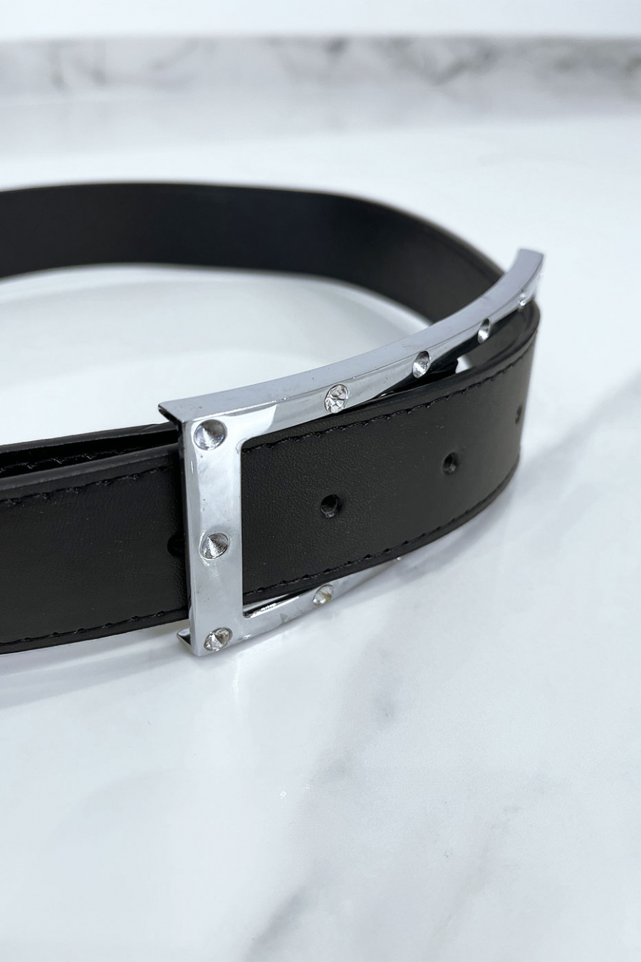 Ceinture noire avec boucle rectangle strass et argenté - 4