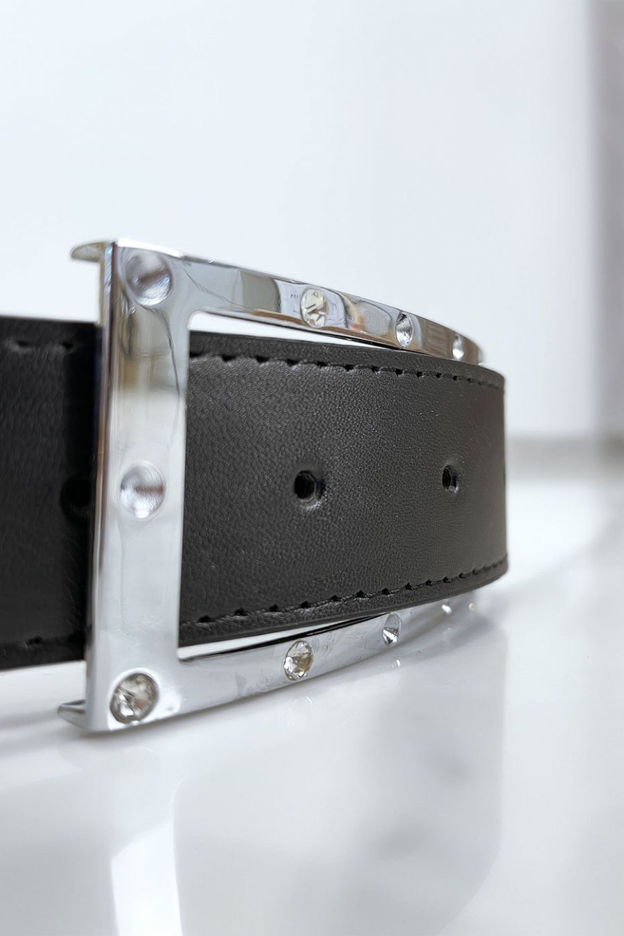 Black belt with rhinestone and silver rectangle buckle - 5