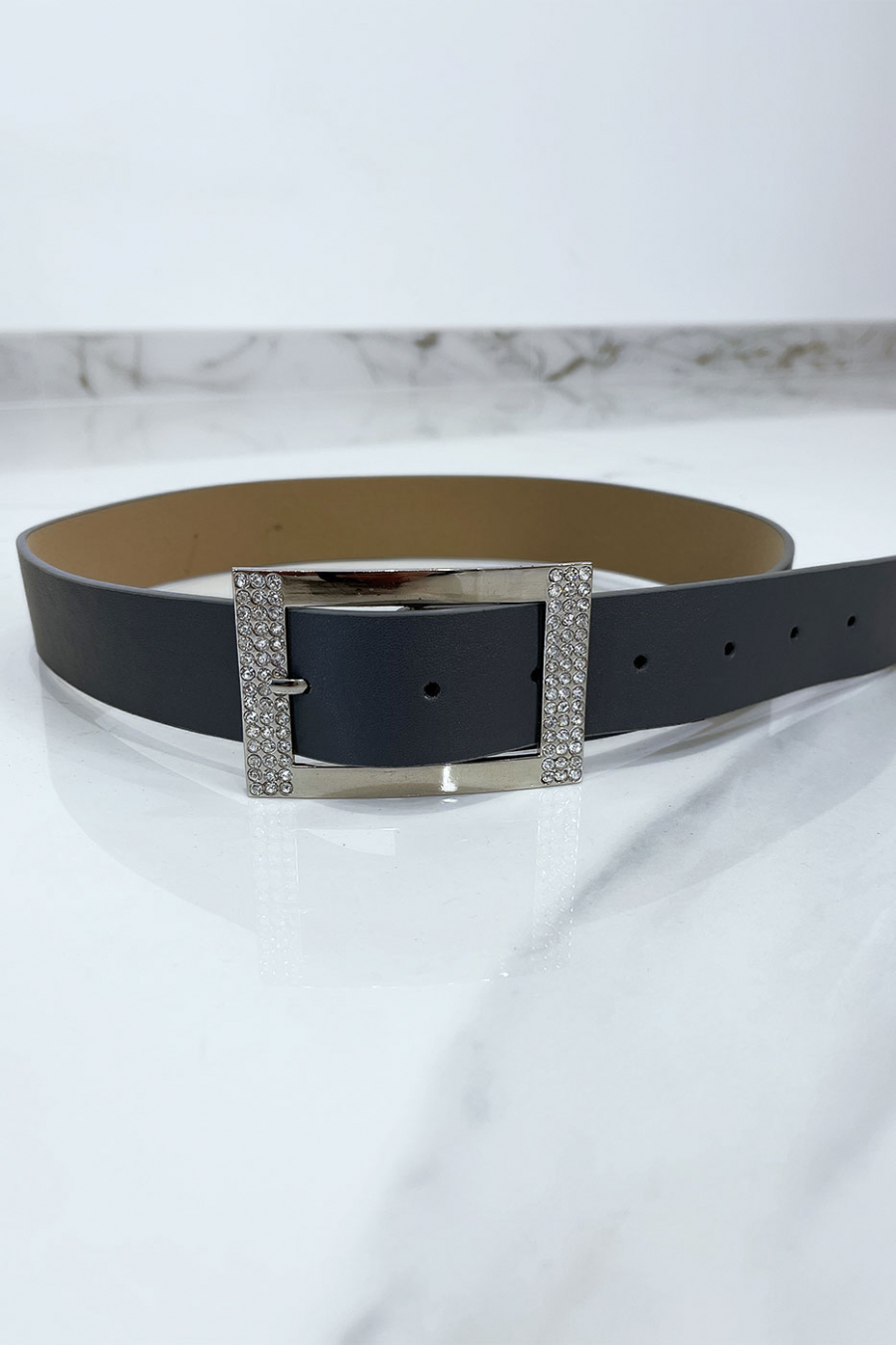 Ceinture grise avec boucle rectangle strass et argenté - 1