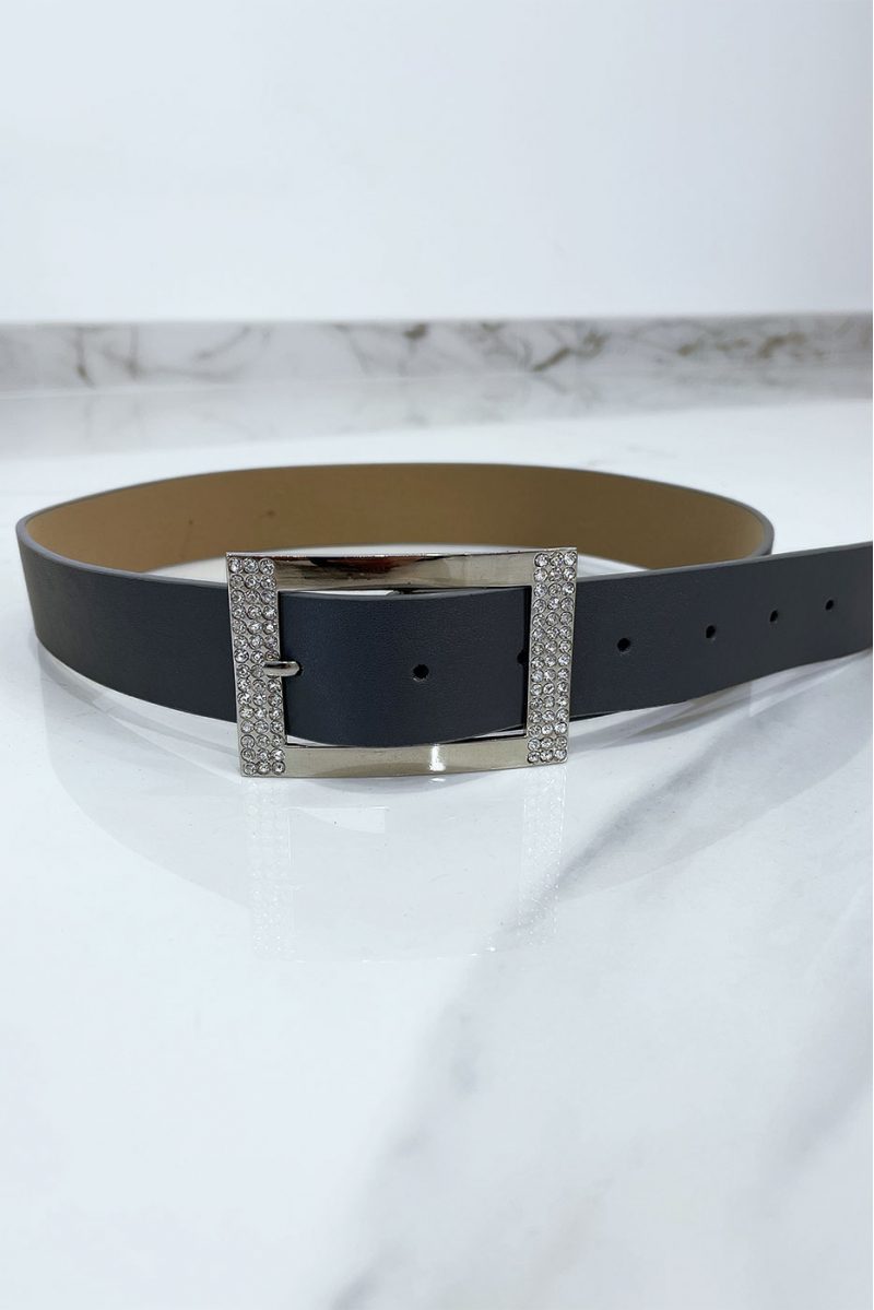 Gray belt with rhinestone and silver rectangle buckle - 1