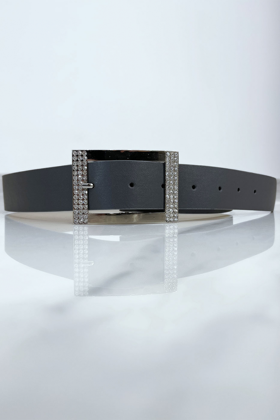 Ceinture grise avec boucle rectangle strass et argenté - 2