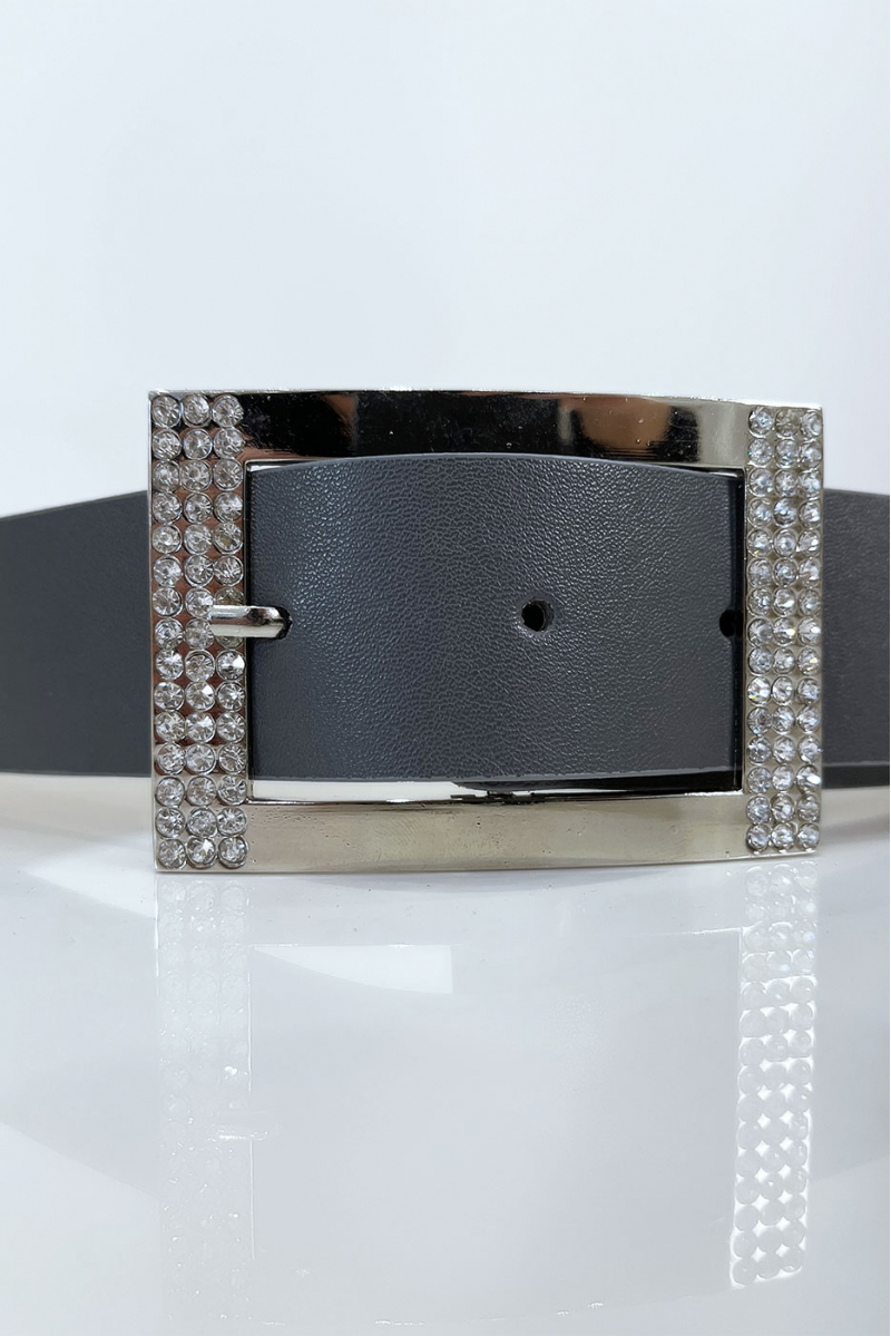 Gray belt with rhinestone and silver rectangle buckle - 3