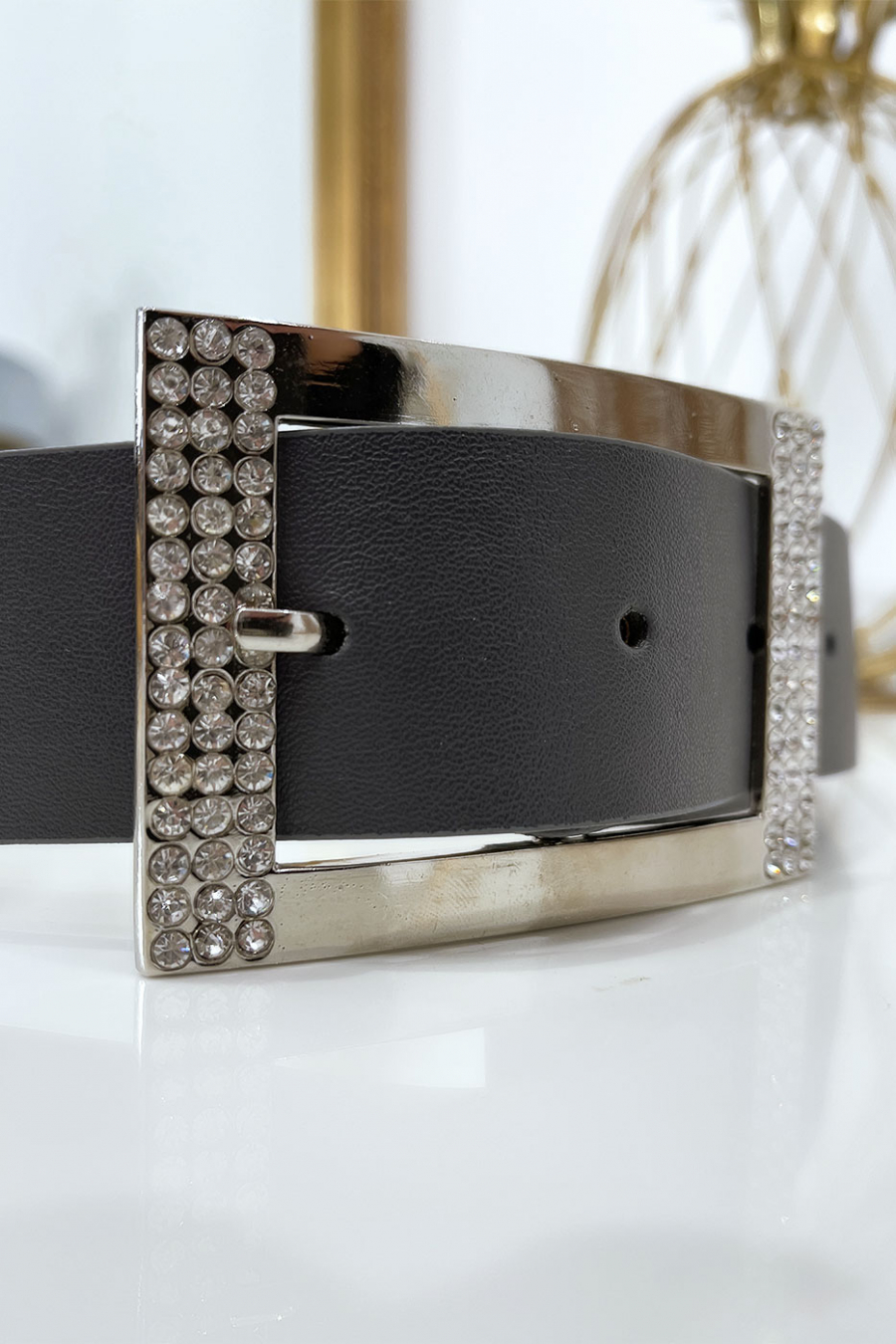Ceinture grise avec boucle rectangle strass et argenté - 5