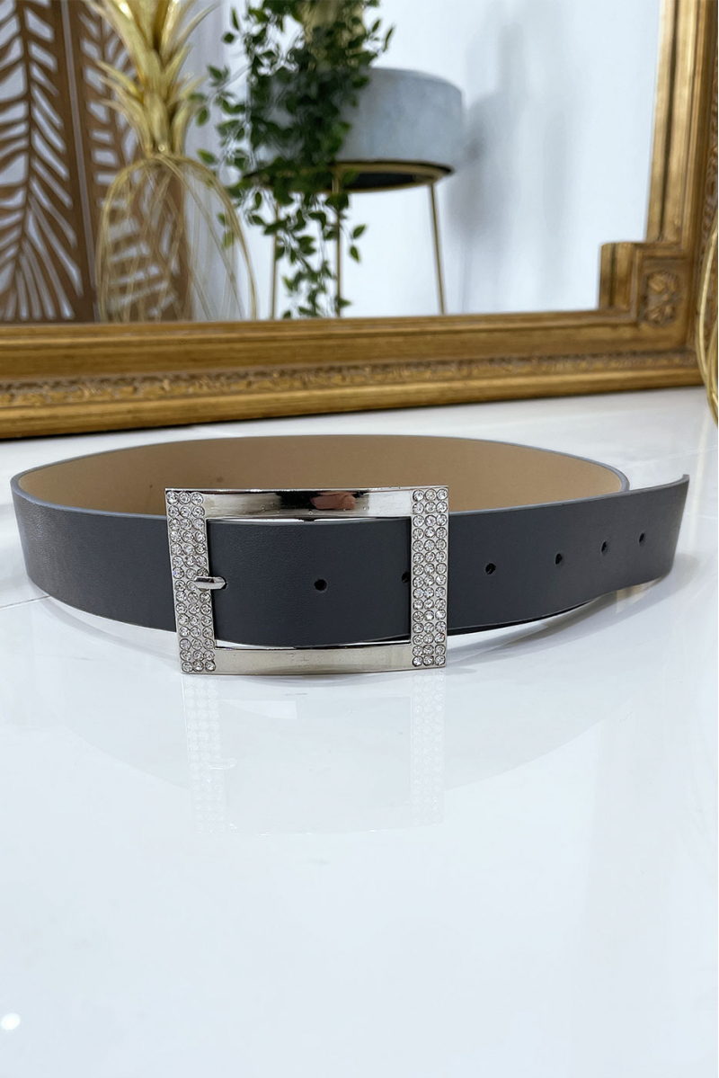 Gray belt with rhinestone and silver rectangle buckle - 6
