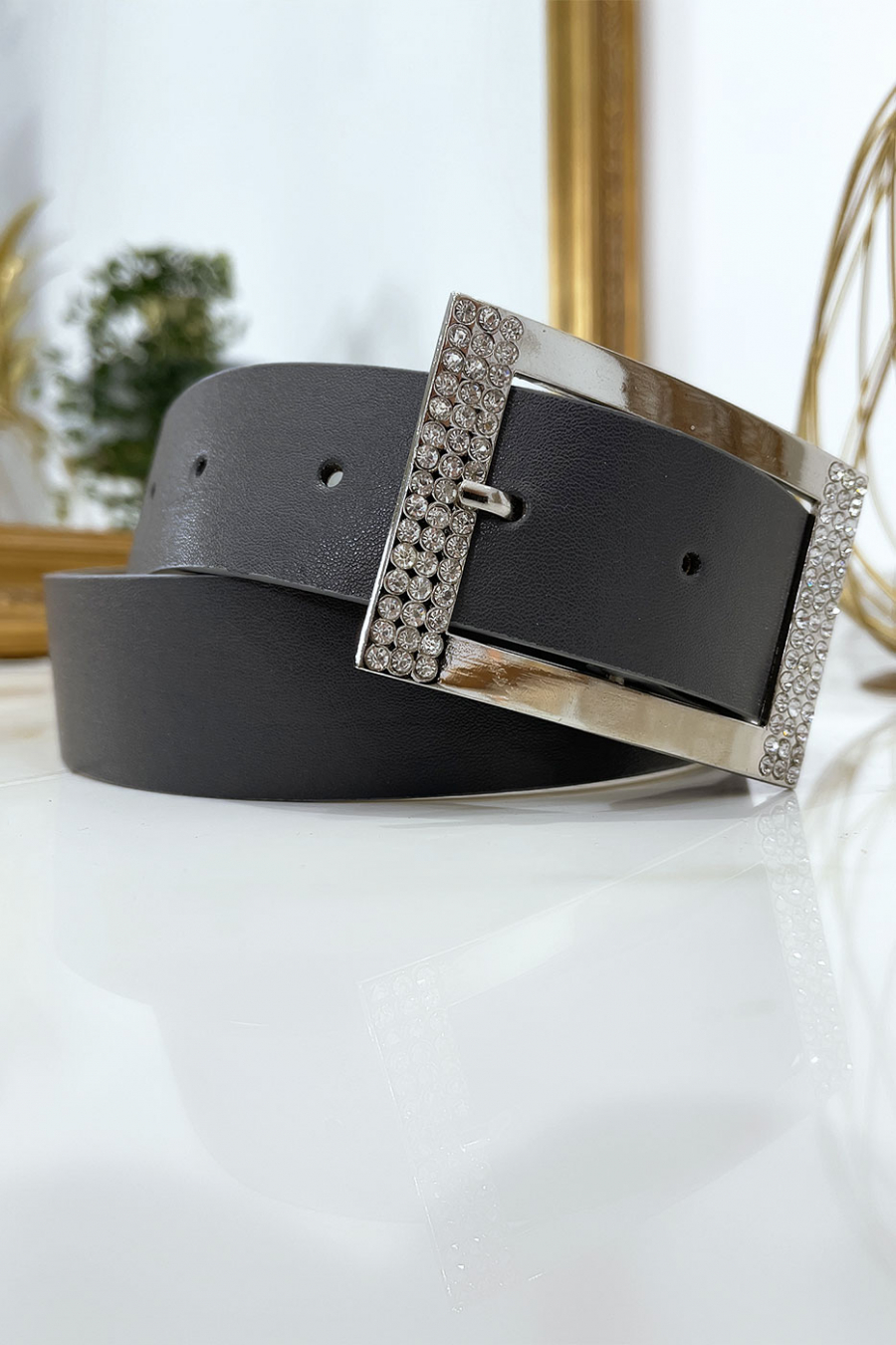 Gray belt with rhinestone and silver rectangle buckle - 8