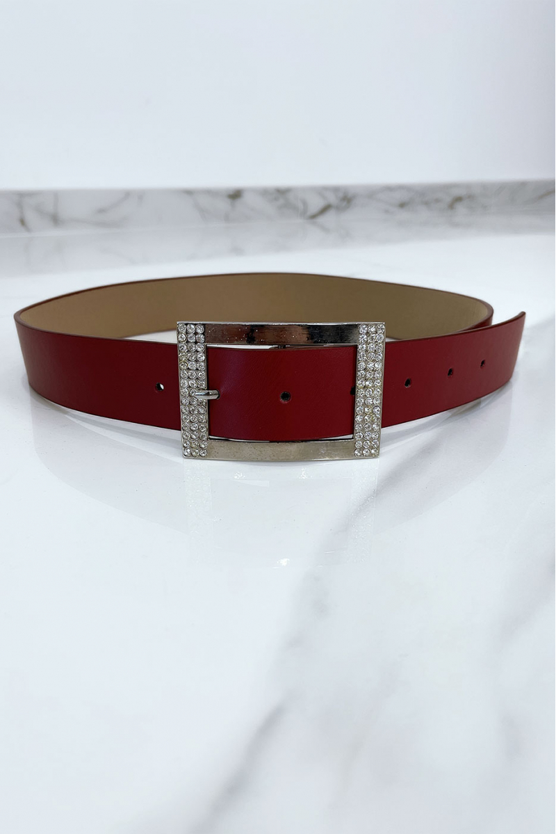 Burgundy belt with rhinestone and silver rectangle buckle - 1
