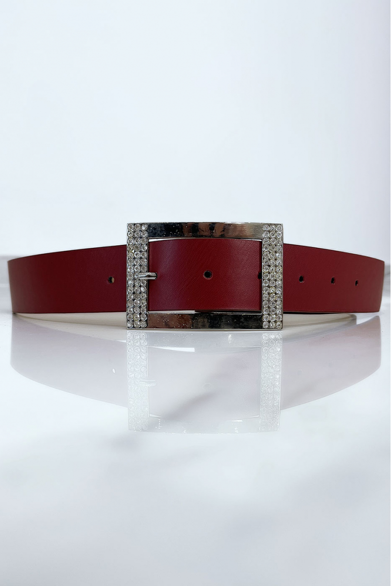 Burgundy belt with rhinestone and silver rectangle buckle - 2