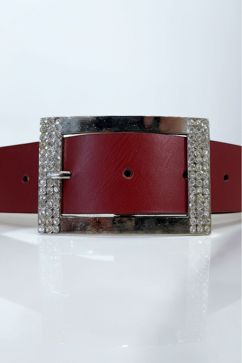 Burgundy belt with rhinestone and silver rectangle buckle - 3