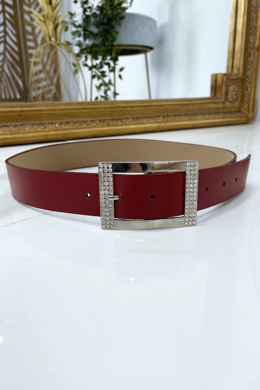 Ceinture bordeaux avec boucle rectangle strass et argenté - 4