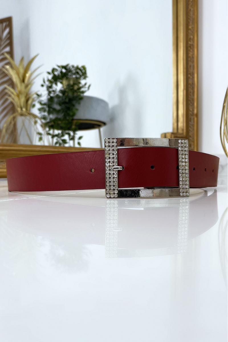Burgundy belt with rhinestone and silver rectangle buckle - 5