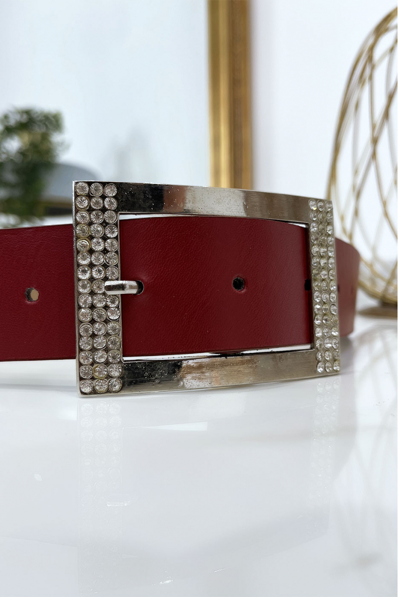 Burgundy belt with rhinestone and silver rectangle buckle - 6