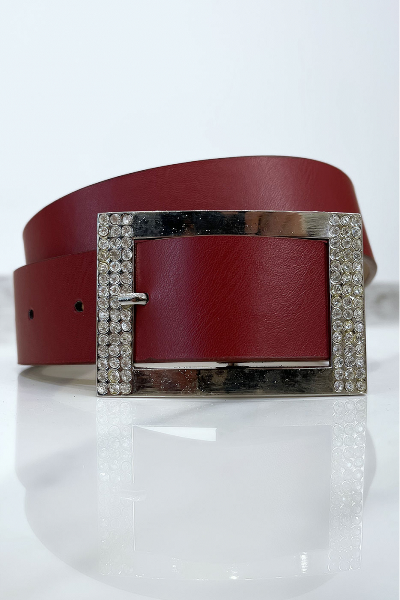 Burgundy belt with rhinestone and silver rectangle buckle - 7
