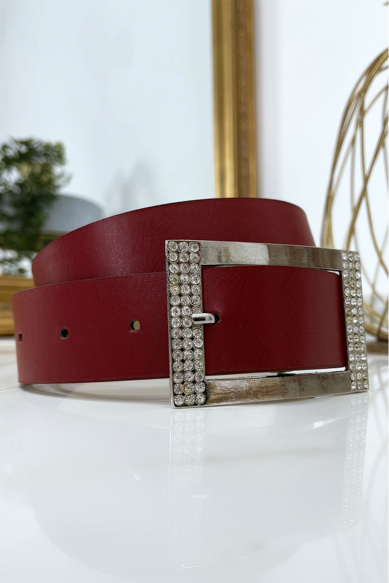Burgundy belt with rhinestone and silver rectangle buckle - 8