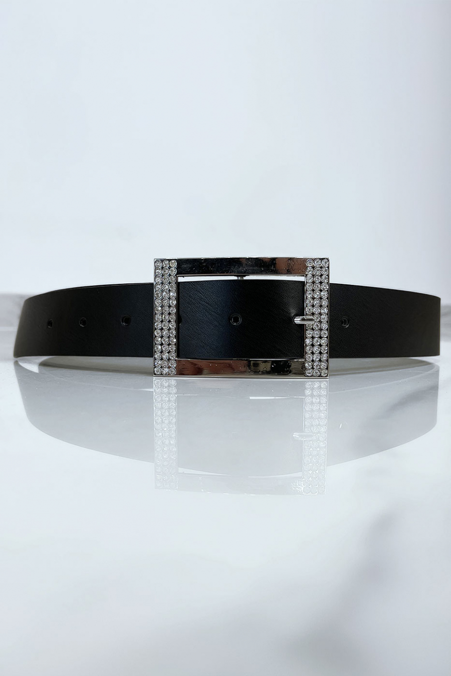 Ceinture noire avec boucle rectangle strass et argenté - 1