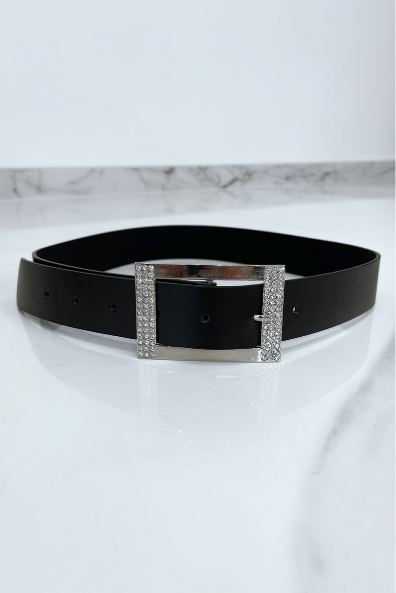 Black belt with rhinestone and silver rectangle buckle - 2