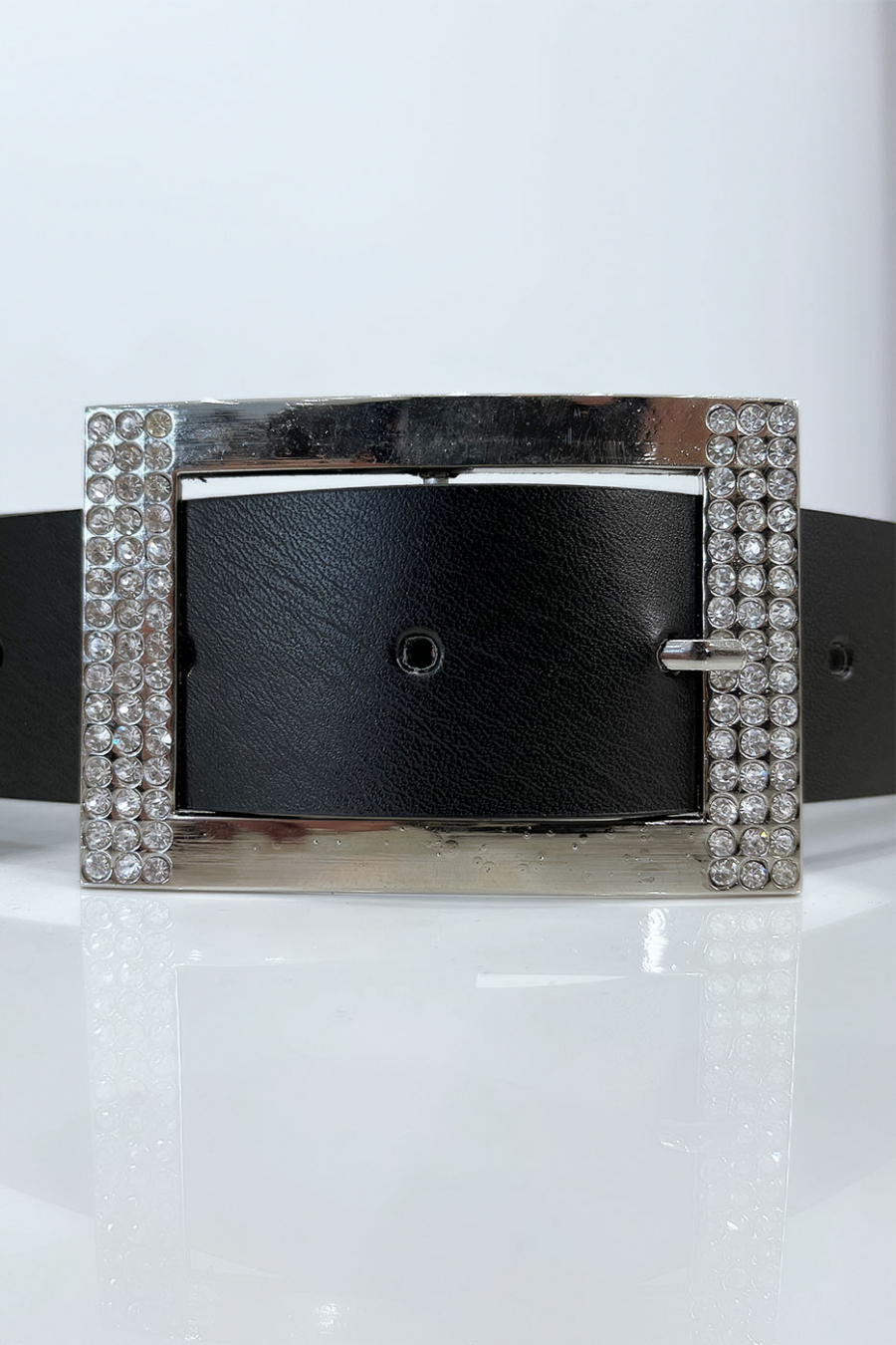 Ceinture noire avec boucle rectangle strass et argenté - 3