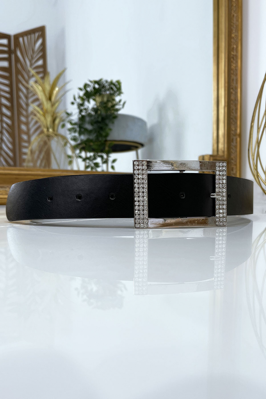 Black belt with rhinestone and silver rectangle buckle - 4