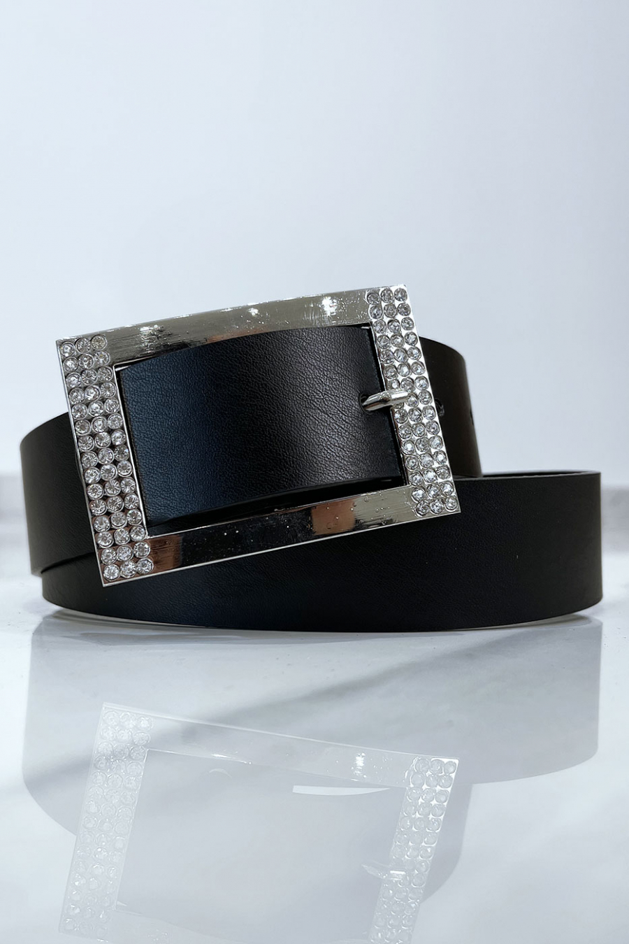 Ceinture noire avec boucle rectangle strass et argenté - 6