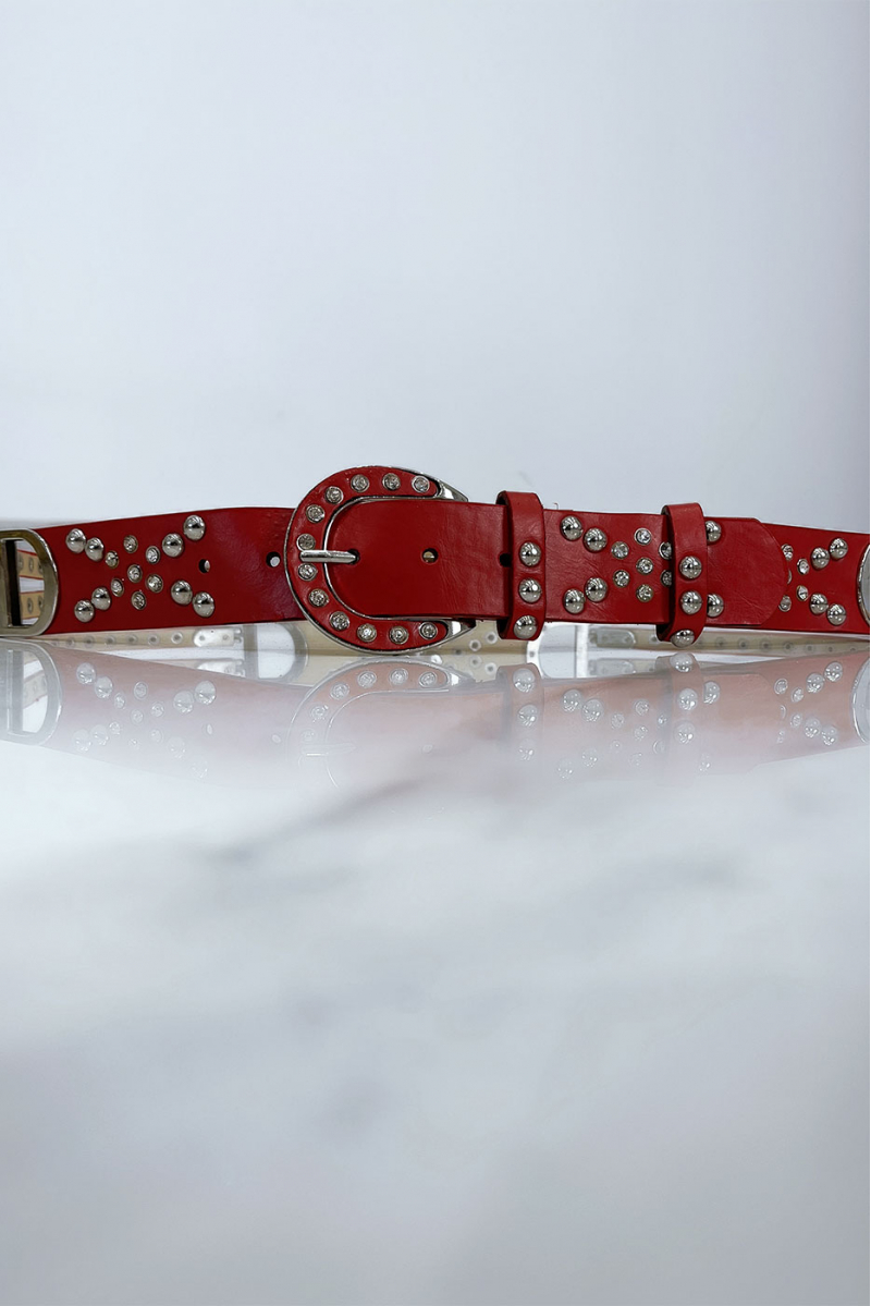 Studded red belt with silver letter D - 1