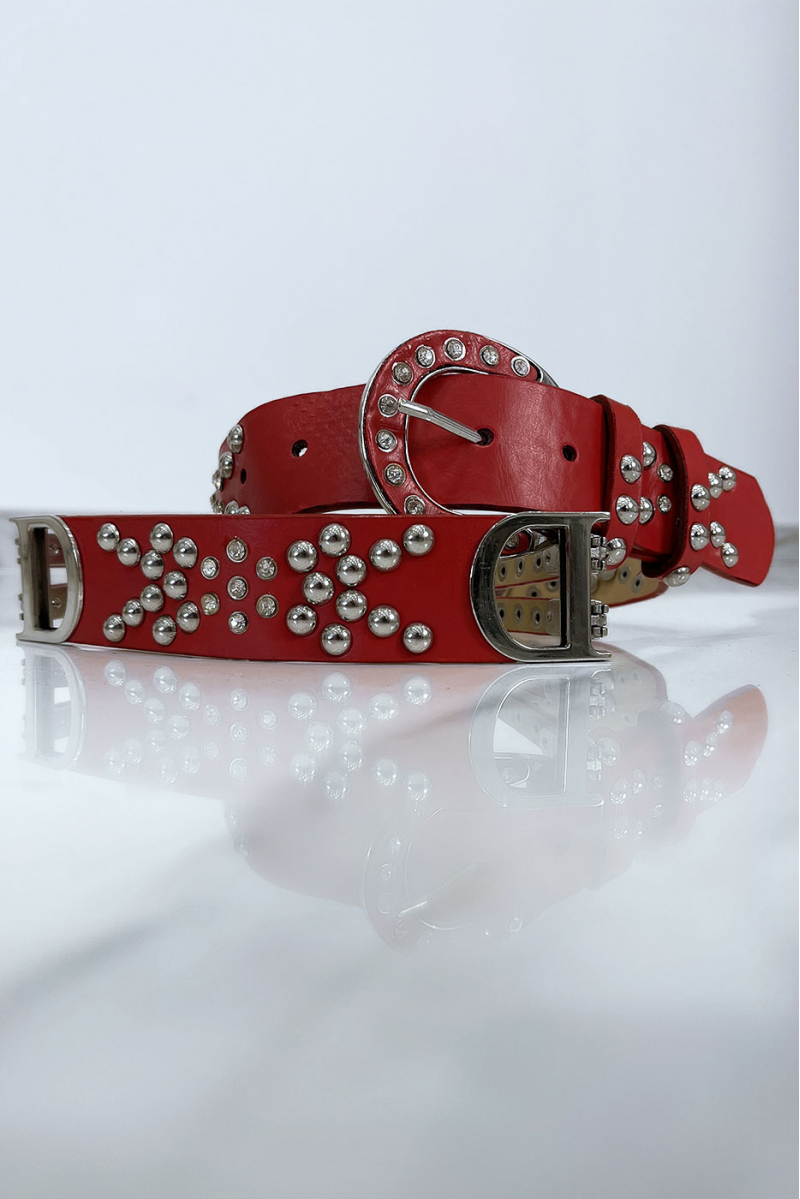 Studded red belt with silver letter D - 2
