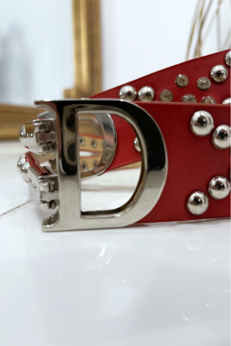 Studded red belt with silver letter D - 5
