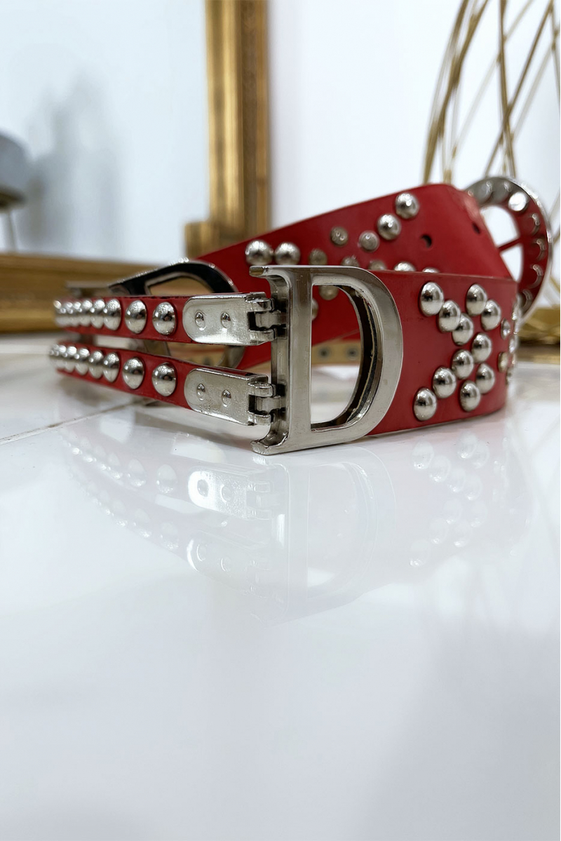 Studded red belt with silver letter D - 6