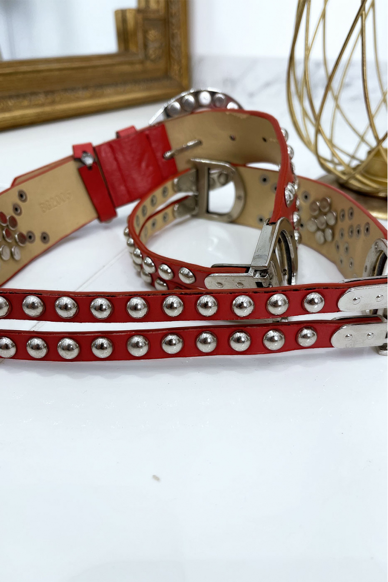 Studded red belt with silver letter D - 7