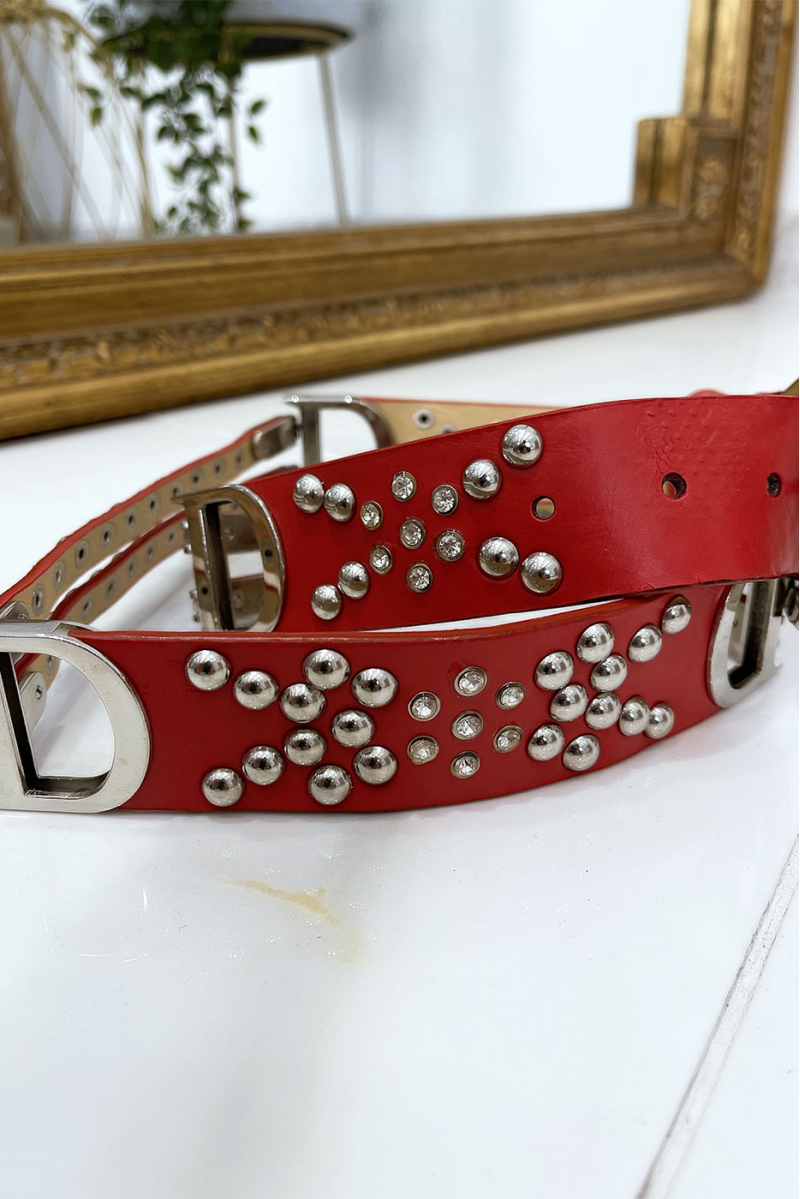 Studded red belt with silver letter D - 8