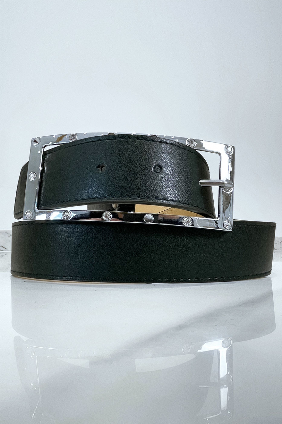 Black belt with rhinestone and silver rectangle buckle - 11