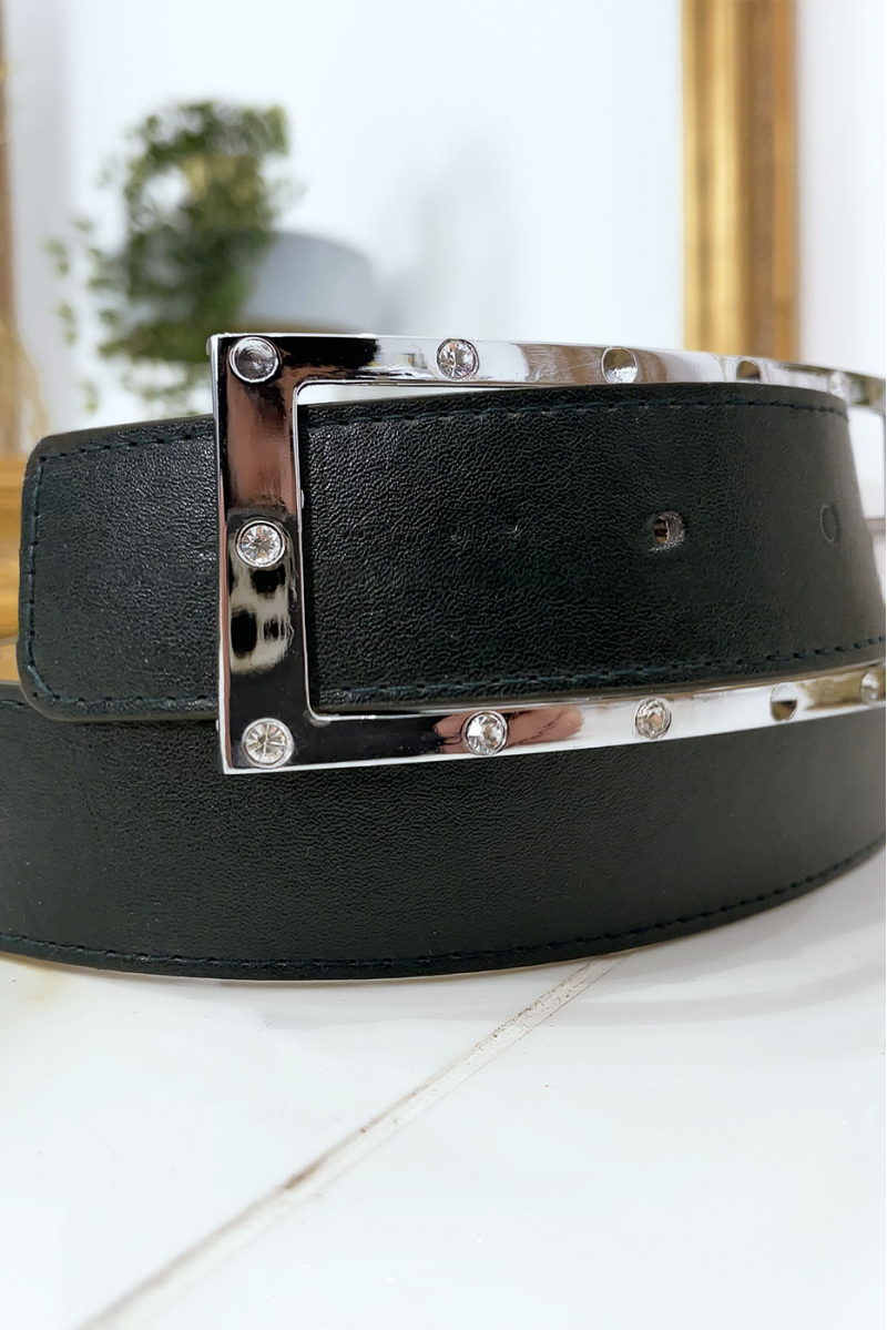 Black belt with rhinestone and silver rectangle buckle - 12