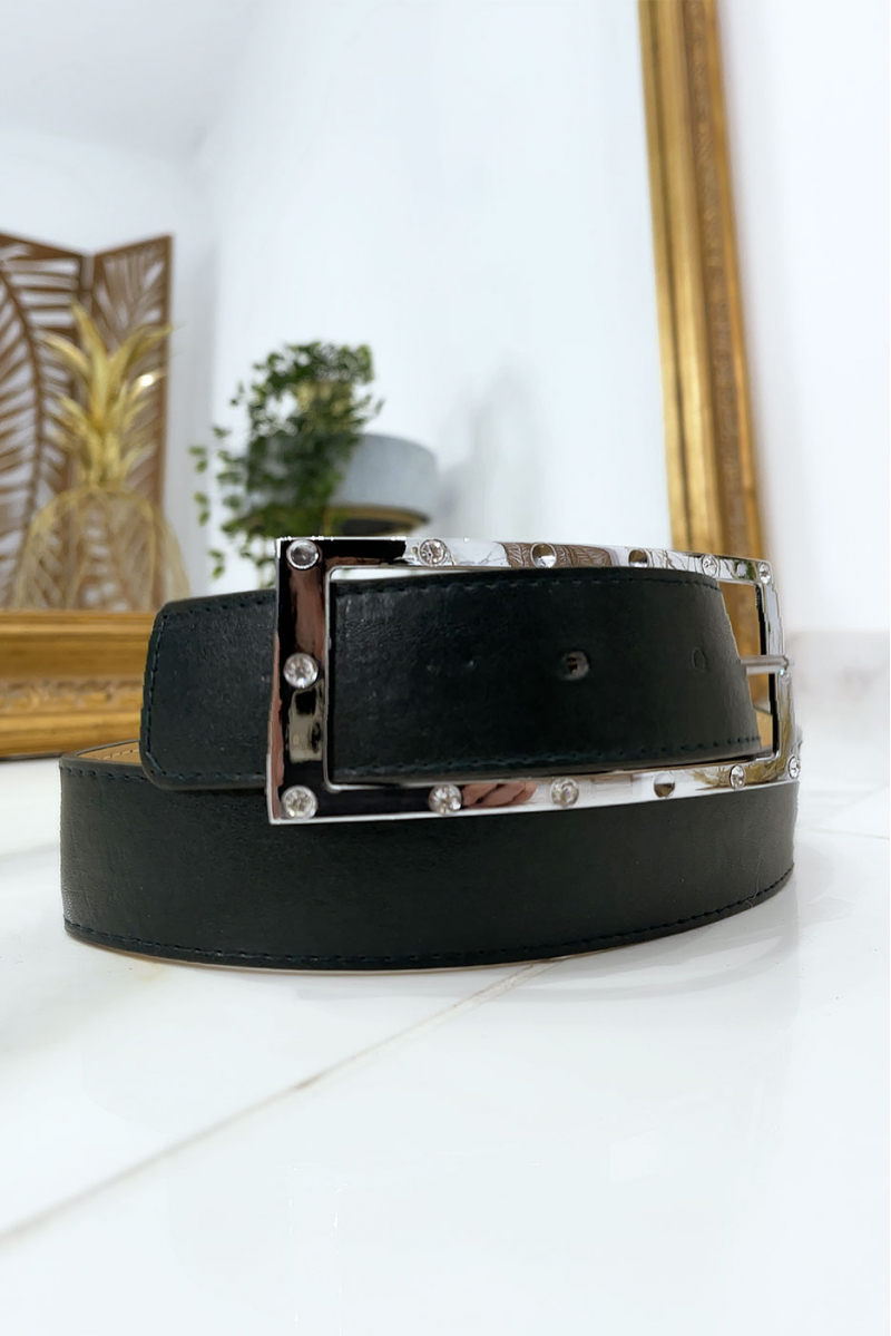 Black belt with rhinestone and silver rectangle buckle - 13