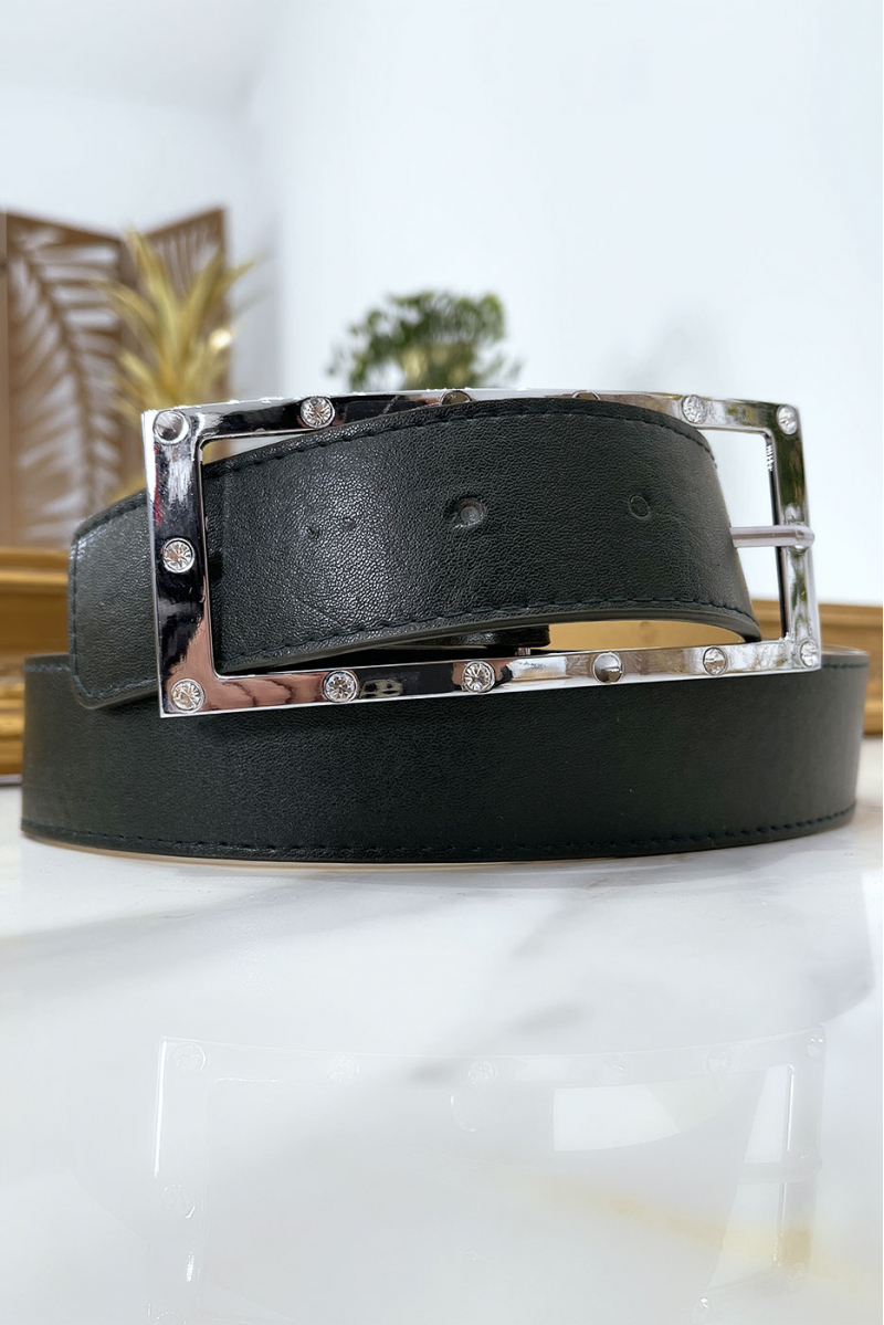 Black belt with rhinestone and silver rectangle buckle - 15