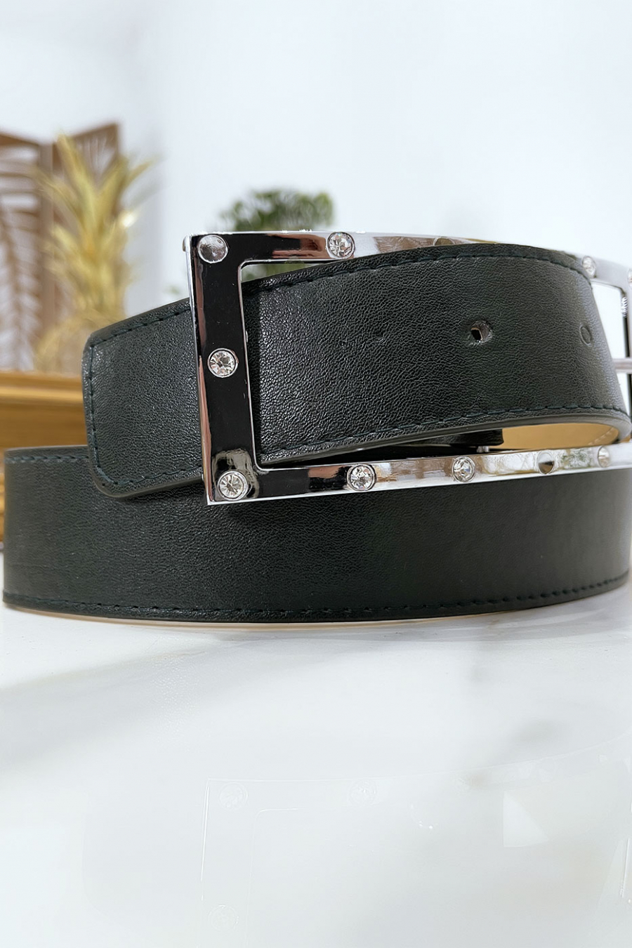 Green belt with rhinestone and silver rectangle buckle - 14