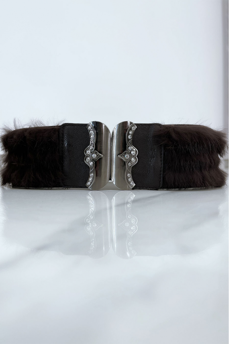 Brown elastic belt with accessory and feather - 1