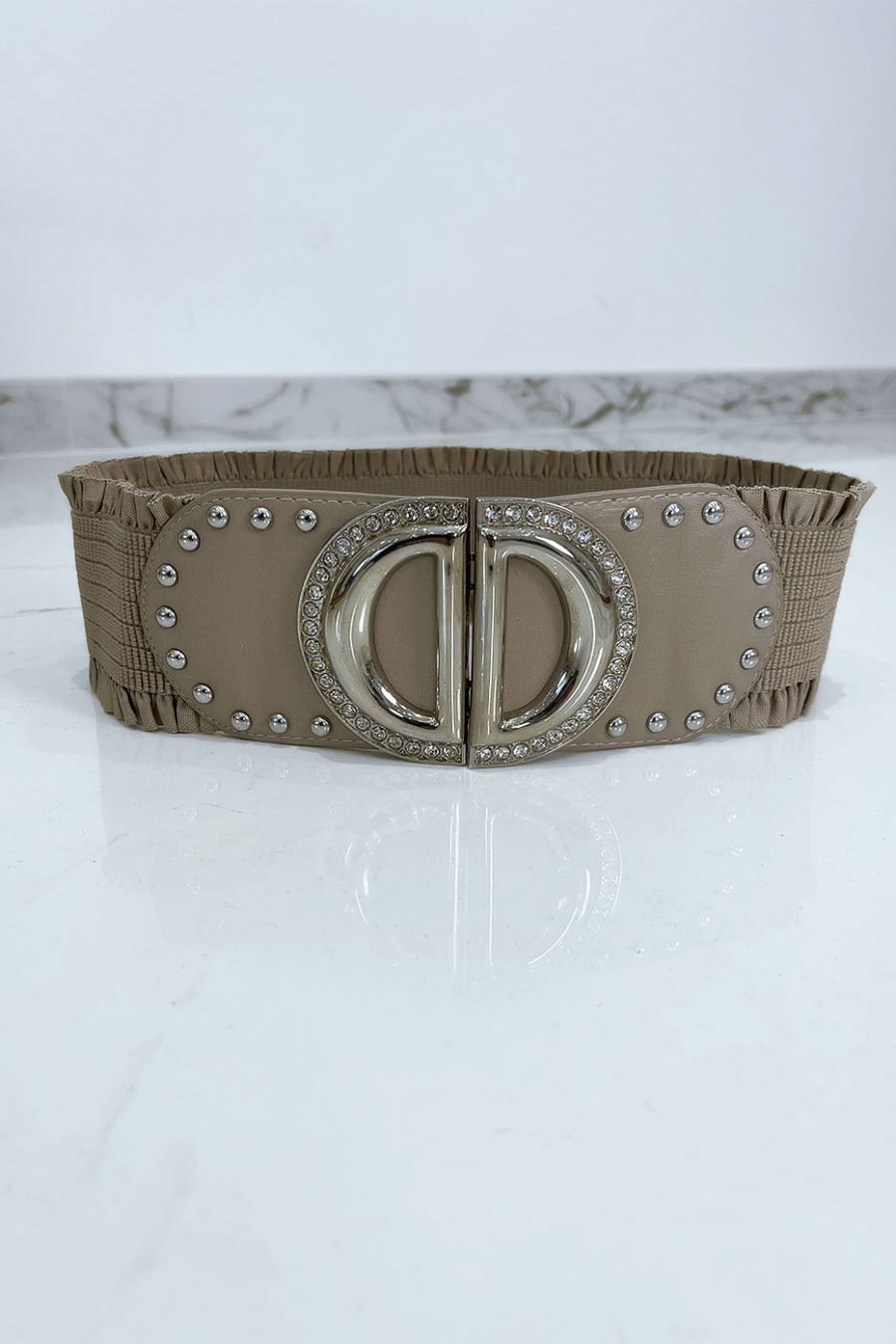 Taupe elastische tailleband met dubbel D accessoire - 1