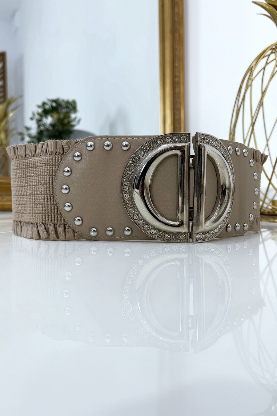 Taupe elastic waistband with double D accessory - 4