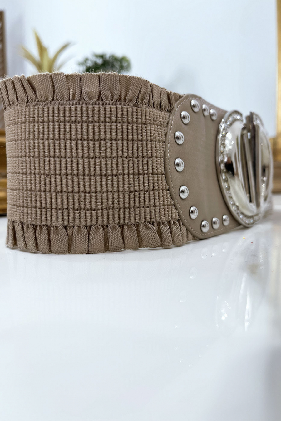 Taupe elastic waistband with double D accessory - 6