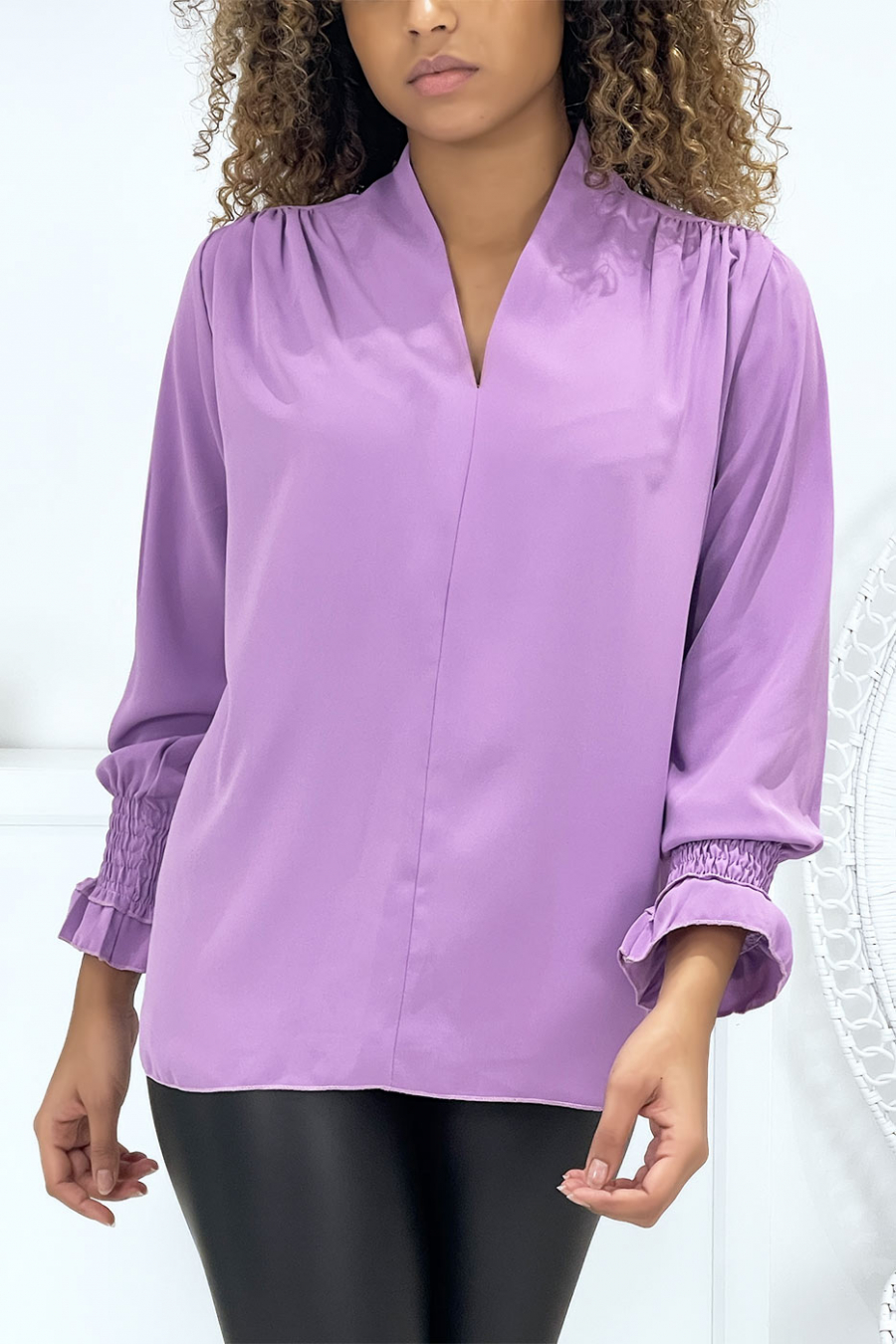 V-neck lilac blouse with dark arms - 4