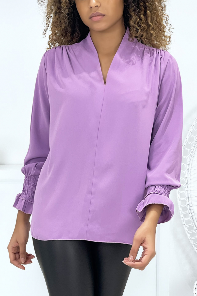 Blouse lilas col V avec fonce aux bras - 4