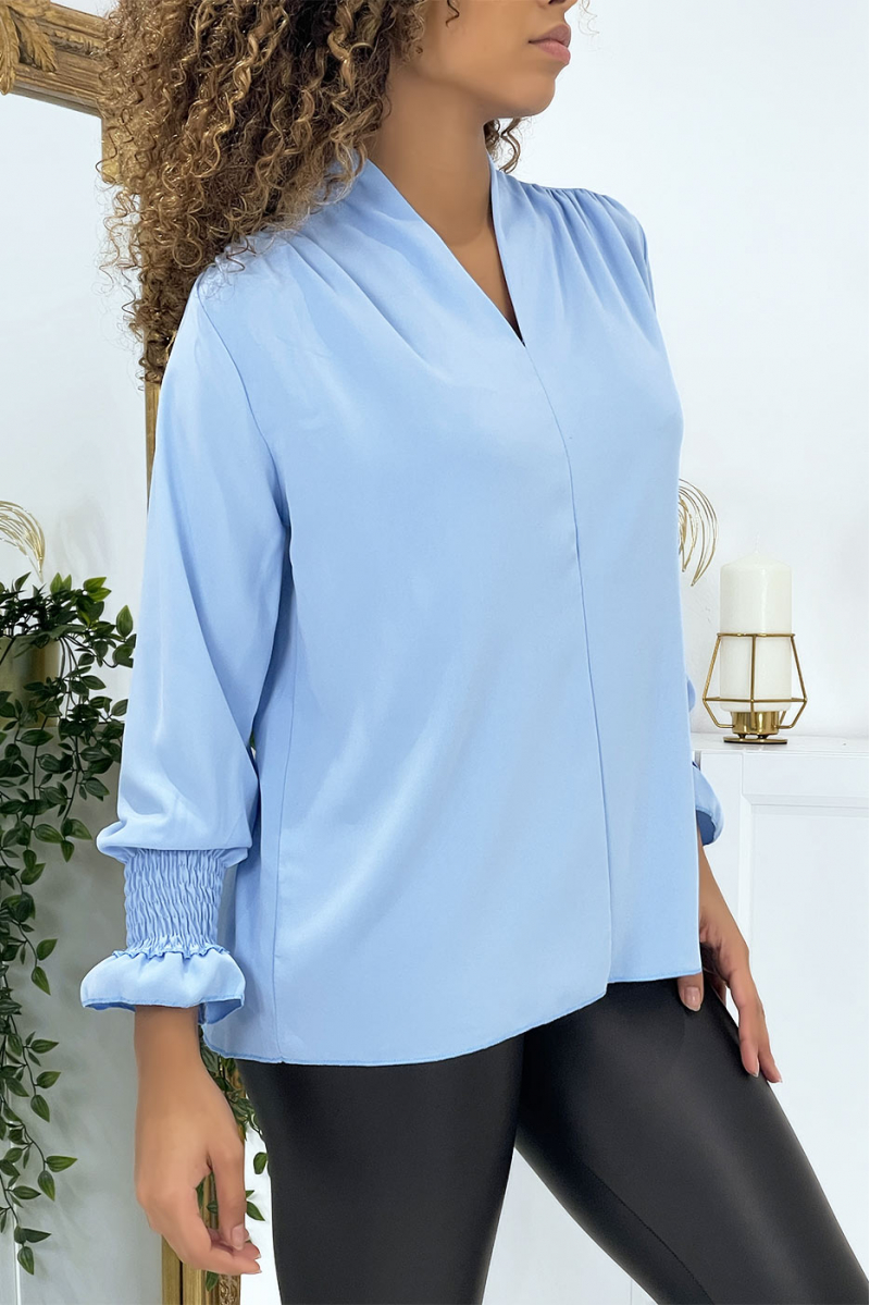 Turquoise V-neck blouse with dark arms - 3