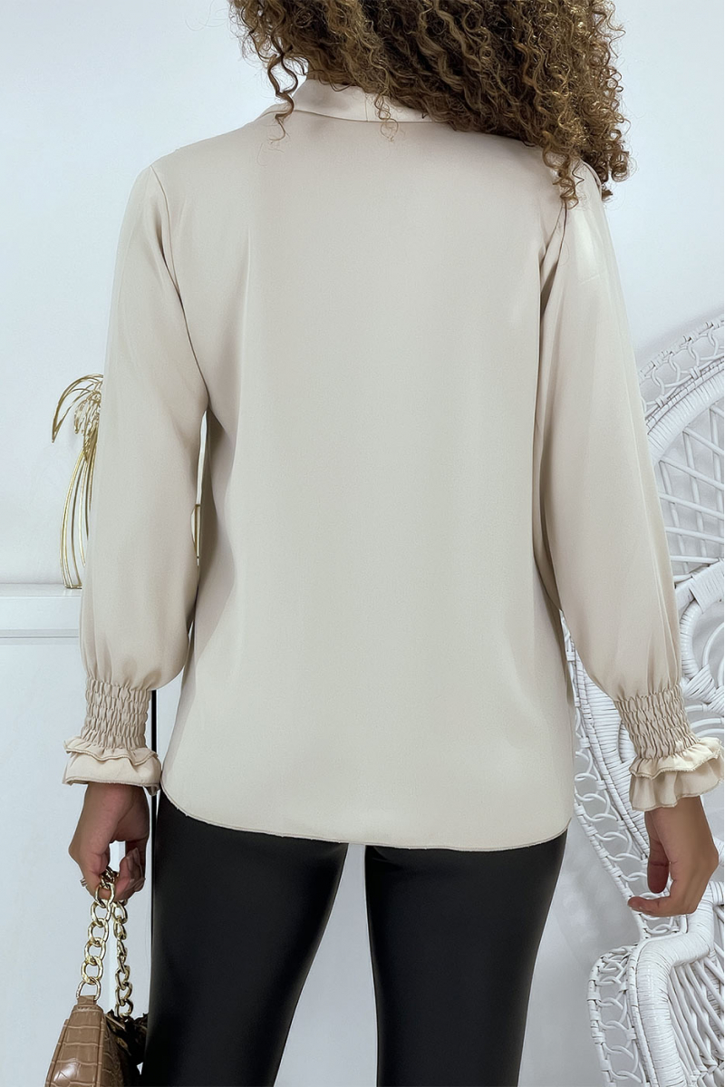 Blouse beige col V avec fonce aux bras - 4