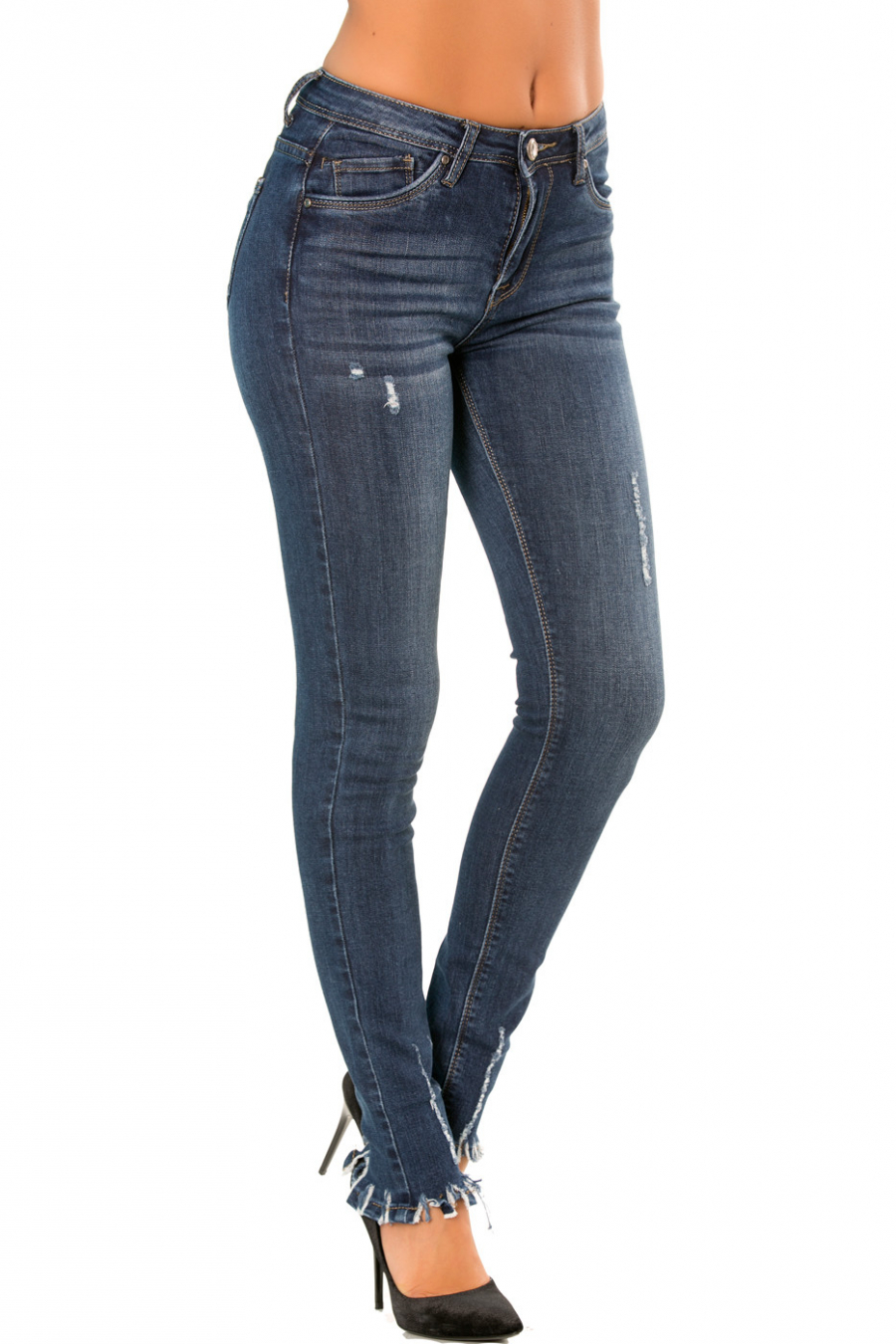Pantalon jeans slim Bleu écorché sur le bas. PTL-S2607 - 3