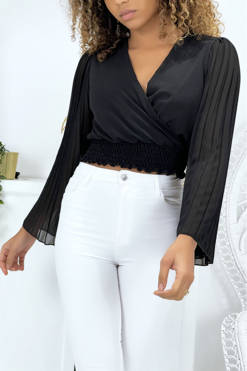 Zwarte wikkelblouse met aangerimpelde mouwen. Damesblouse - 2