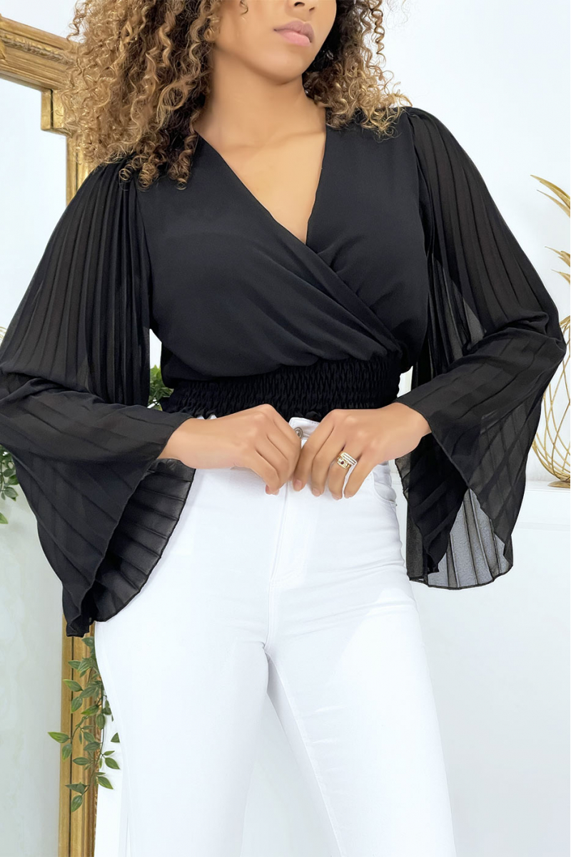 Zwarte wikkelblouse met aangerimpelde mouwen. Damesblouse - 3