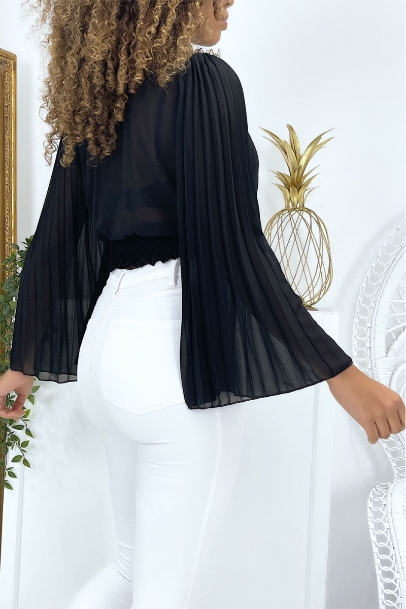 Zwarte wikkelblouse met aangerimpelde mouwen. Damesblouse - 4